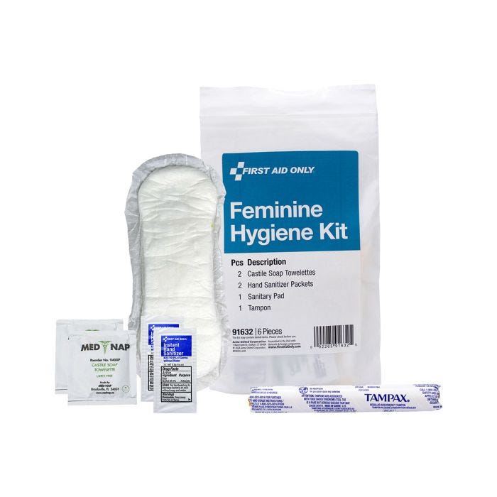 White sealed bag is shown with contents. 1 open sanitary pad; 1; tampon; Castile Soap Towelette and Hand Sanitizer packet White sealed bag is shown with contents. 1 open sanitary pad; 1; tampon; Castile Soap Towelette and Hand Sanitizer packet