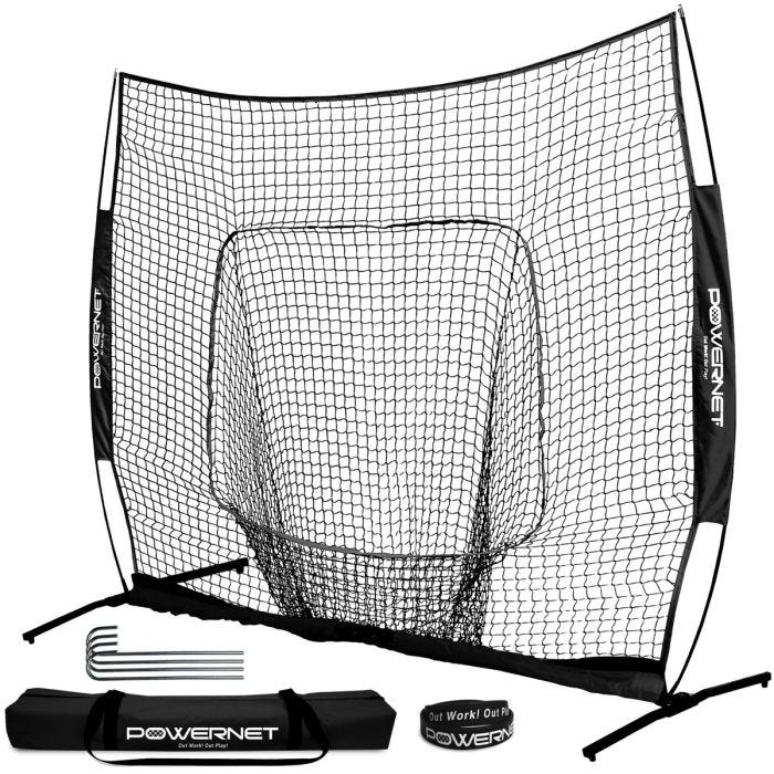Black PowerNet hitting net with strike zone target; metal ground stakes; wristband; and carrying case. Black PowerNet hitting net with strike zone target; metal ground stakes; wristband; and carrying case.