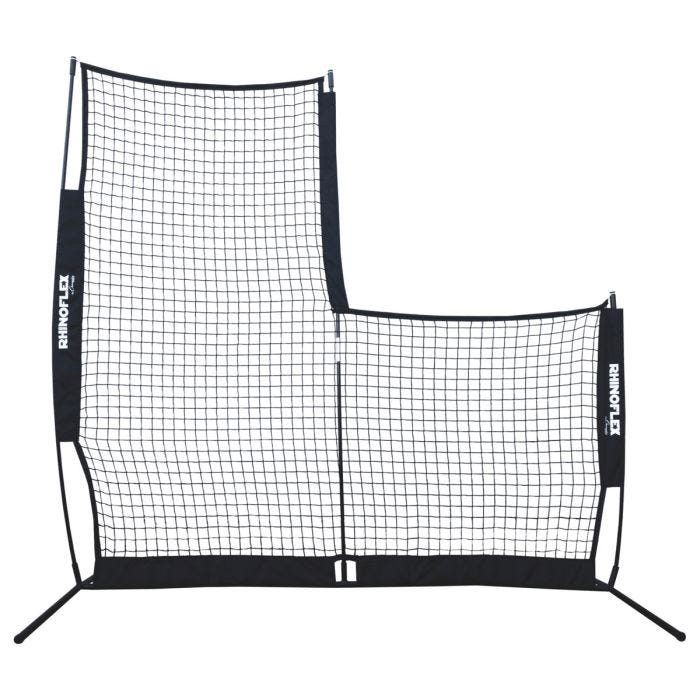 Black asymmetrical portable net system with a taller left side and shorter right side. Black asymmetrical portable net system with a taller left side and shorter right side.