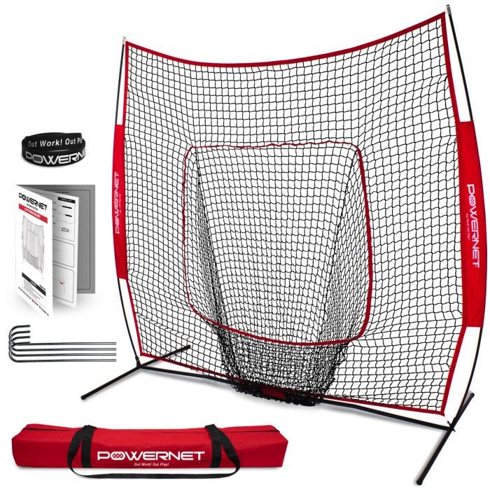 Red PowerNet hitting net with strike zone target; setup instructions; metal ground stakes; wristband; and carrying case. Red PowerNet hitting net with strike zone target; setup instructions; metal ground stakes; wristband; and carrying case.