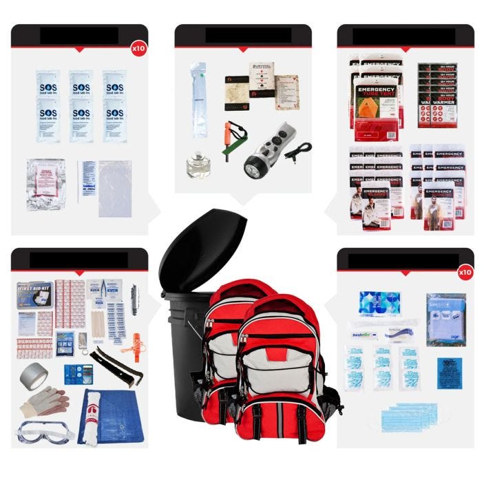 1048971 - Bucket Survival Kit – 10 Person: black bucket & 2 red/black/grey backpacks surrounded by included contents. See product description for full list of contents. 1048971 - Bucket Survival Kit – 10 Person: black bucket & 2 red/black/grey backpacks surrounded by included contents. See product description for full list of contents.