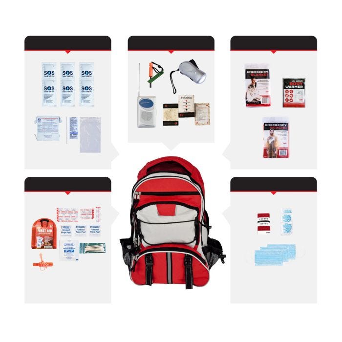1048989 - 1 Person Necessity Survival Kit; Backpack: red/black/grey backpack surrounded by included contents. See product description for full list of contents. 1048989 - 1 Person Necessity Survival Kit; Backpack: red/black/grey backpack surrounded by included contents. See product description for full list of contents.