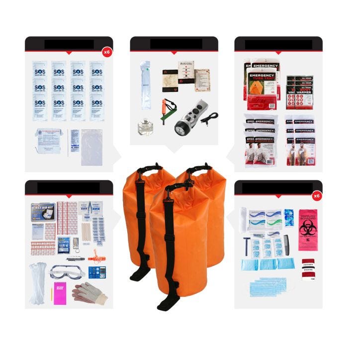 1049005 - 6 Person Comfort Survival Kit; Dry Bag: 3 orange/black dry bags surrounded by included contents. See product description for full list of contents. 1049005 - 6 Person Comfort Survival Kit; Dry Bag: 3 orange/black dry bags surrounded by included contents. See product description for full list of contents.