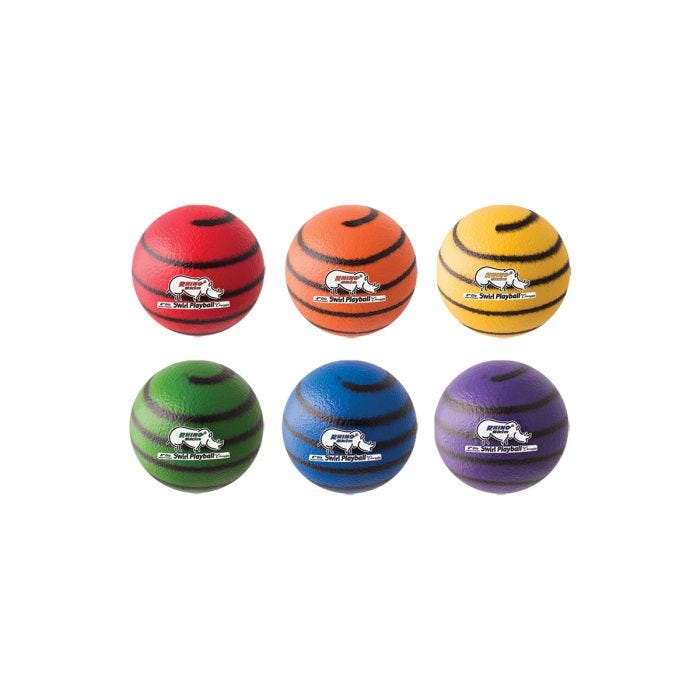 Six foam balls in red; orange; yellow; green; blue; and purple with black swirl stripes and a white Rhino Swirl Playball logo on each Six foam balls in red; orange; yellow; green; blue; and purple with black swirl stripes and a white Rhino Swirl Playball logo on each
