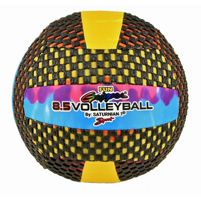 A Fun Gripper volleyball with a black mesh exterior and yellow accents. The ball features a multicolored band with the text "8.5 VOLLEYBALL By: SATURNIAN 1® Sport." A Fun Gripper volleyball with a black mesh exterior and yellow accents. The ball features a multicolored band with the text "8.5 VOLLEYBALL By: SATURNIAN 1® Sport."