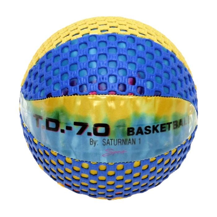 A Fun Gripper basketball with a blue and yellow textured surface. A multicolored label displays the text "T.D.-7.0 BASKETBALL By: SATURNIAN 1 Sport." A Fun Gripper basketball with a blue and yellow textured surface. A multicolored label displays the text "T.D.-7.0 BASKETBALL By: SATURNIAN 1 Sport."
