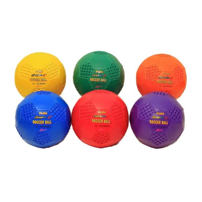A set of six Fun Gripper 8-inch soccer balls in bright primary colors—yellow, green, orange, blue, red, and purple. Each ball features a textured hexagonal surface for enhanced grip and control. A set of six Fun Gripper 8-inch soccer balls in bright primary colors—yellow, green, orange, blue, red, and purple. Each ball features a textured hexagonal surface for enhanced grip and control.