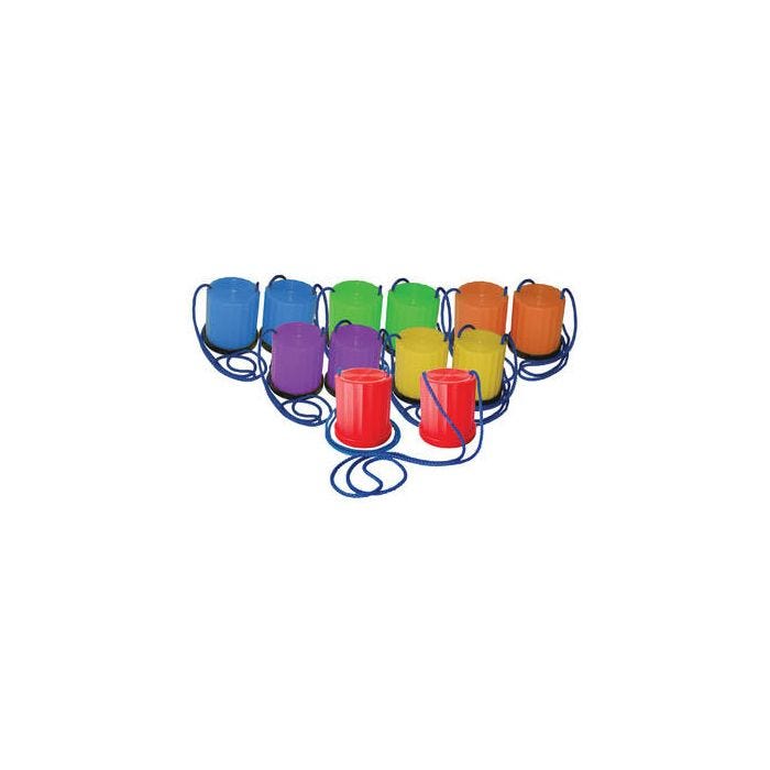 front view of platform stilts with adjustable hand cords and non-marring rubber base rims. Set of 6; assorted colors blue; green; orange; purple; yellow; and red. front view of platform stilts with adjustable hand cords and non-marring rubber base rims. Set of 6; assorted colors blue; green; orange; purple; yellow; and red.