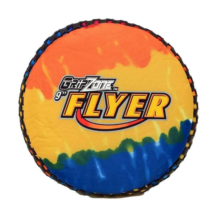 A 9-inch Grip Zone Flyer with a vibrant tie-dye fabric design in yellow, orange, blue, and green. A 9-inch Grip Zone Flyer with a vibrant tie-dye fabric design in yellow, orange, blue, and green.