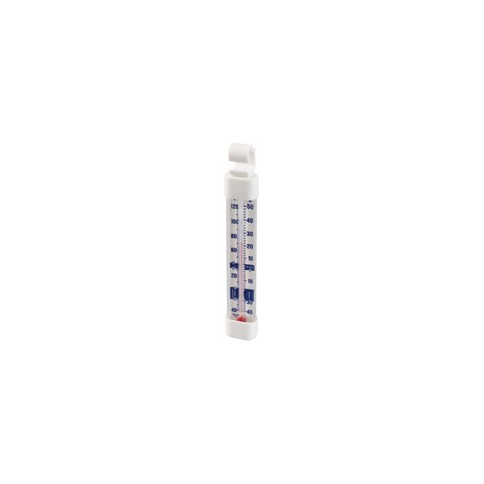 angle view of a white refrigerator freezer thermometer that can be hung or mounted with blue easy to read numbers in fahrenheit and centigrade. the red liquid in side the thermometer is non toxic. angle view of a white refrigerator freezer thermometer that can be hung or mounted with blue easy to read numbers in fahrenheit and centigrade. the red liquid in side the thermometer is non toxic.