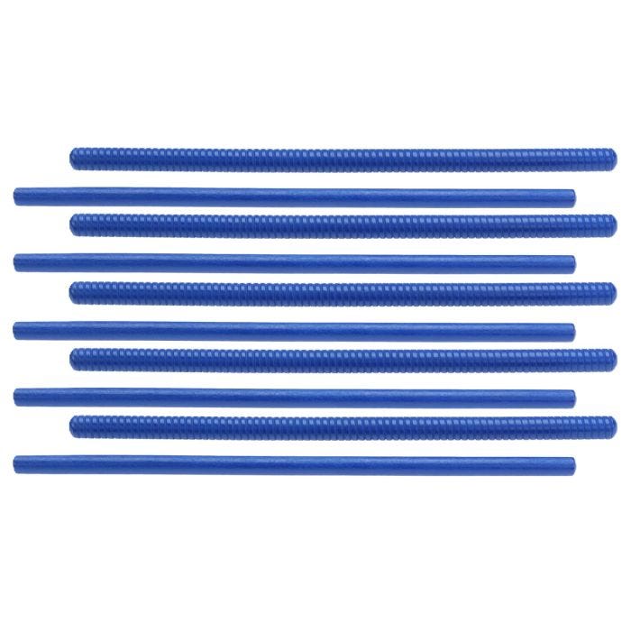 A set of 10 blue rhythm sticks, alternating between ridged and smooth textures. A set of 10 blue rhythm sticks, alternating between ridged and smooth textures.