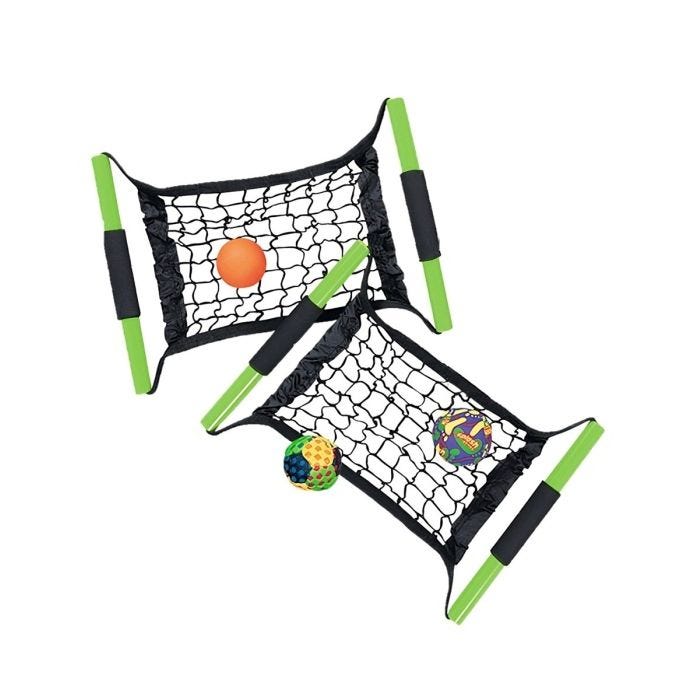 A pair of black handheld nets with green handles, used for catching and launching balls. Includes small colorful balls. A pair of black handheld nets with green handles, used for catching and launching balls. Includes small colorful balls.