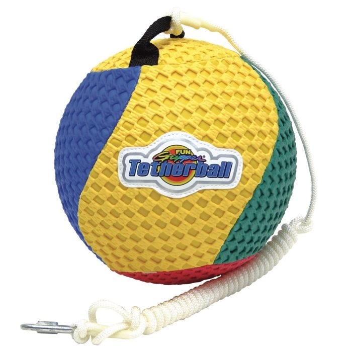 A Fun Gripper tetherball with a soft, textured yellow, blue, red, and green surface. The ball is attached to a white rope with a metal clip for easy attachment to a tetherball pole. A Fun Gripper tetherball with a soft, textured yellow, blue, red, and green surface. The ball is attached to a white rope with a metal clip for easy attachment to a tetherball pole.