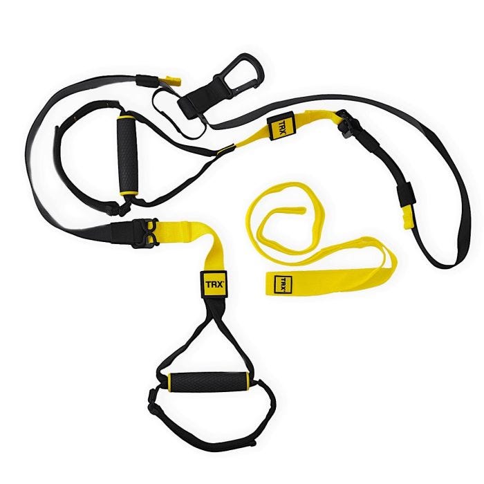 16082PS_00 - A TRX suspension trainer with black and yellow adjustable straps, rubber grip handles, and a carabiner attachment. A separate yellow strap. 16082PS_00 - A TRX suspension trainer with black and yellow adjustable straps, rubber grip handles, and a carabiner attachment. A separate yellow strap.
