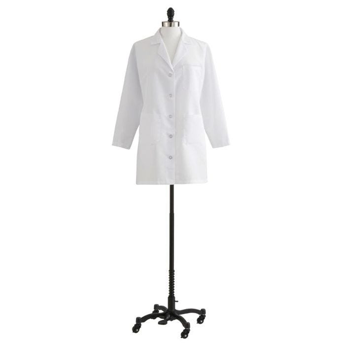 The front view of the women's white lab coat displayed on a mannequin stand, highlighting its crisp lines and professional aesthetic. The front view of the women's white lab coat displayed on a mannequin stand, highlighting its crisp lines and professional aesthetic.