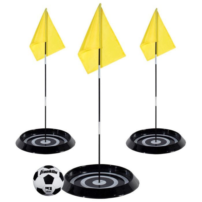 Three black target holes with yellow flags alongside a white/black soccer ball with the logo Franklin in black letters. Three black target holes with yellow flags alongside a white/black soccer ball with the logo Franklin in black letters.