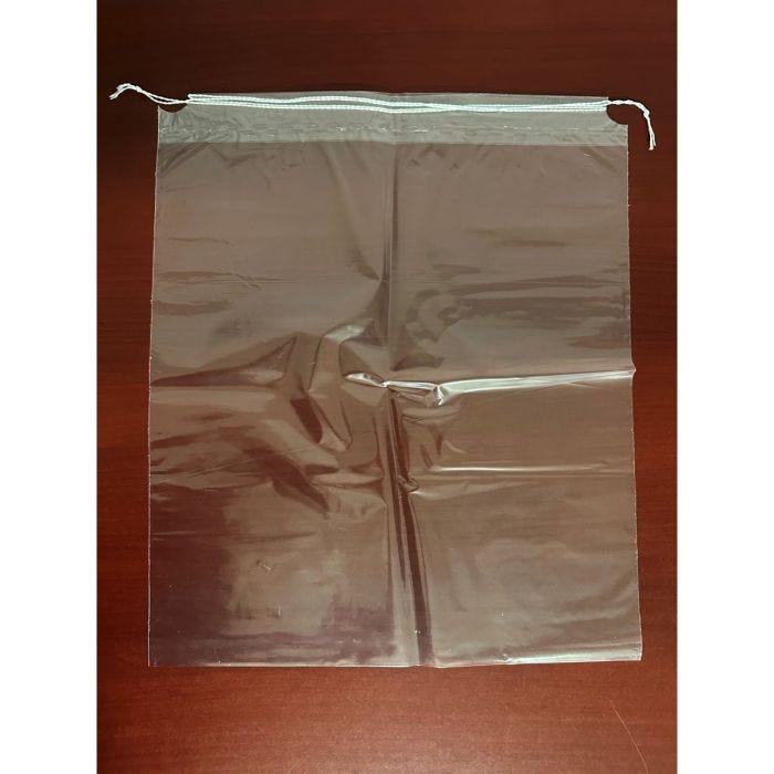 Front view of 15" x 18" Clear Plastic Drawstring Bag Front view of 15" x 18" Clear Plastic Drawstring Bag