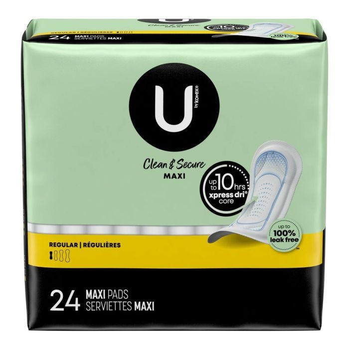 Clean and Secure Maxi pad package. Black and green packaging. 24 Pads per package. U by Kotex Clean and Secure Maxi pad package. Black and green packaging. 24 Pads per package. U by Kotex