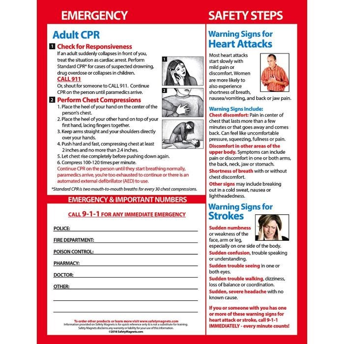 Adult CPR & Heart Attack & Stroke Warning Signs Magnet, Laminated - 8.5" x11" Adult CPR & Heart Attack & Stroke Warning Signs Magnet, Laminated - 8.5" x11"