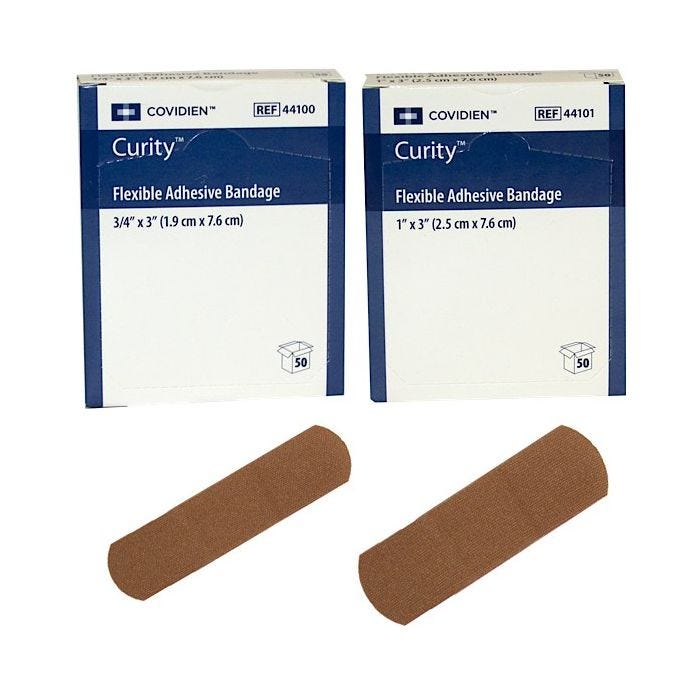 Front view of boxes of Flexible, Latex-Free Kendall Curity Brand Adhesive Strips Front view of boxes of Flexible, Latex-Free Kendall Curity Brand Adhesive Strips