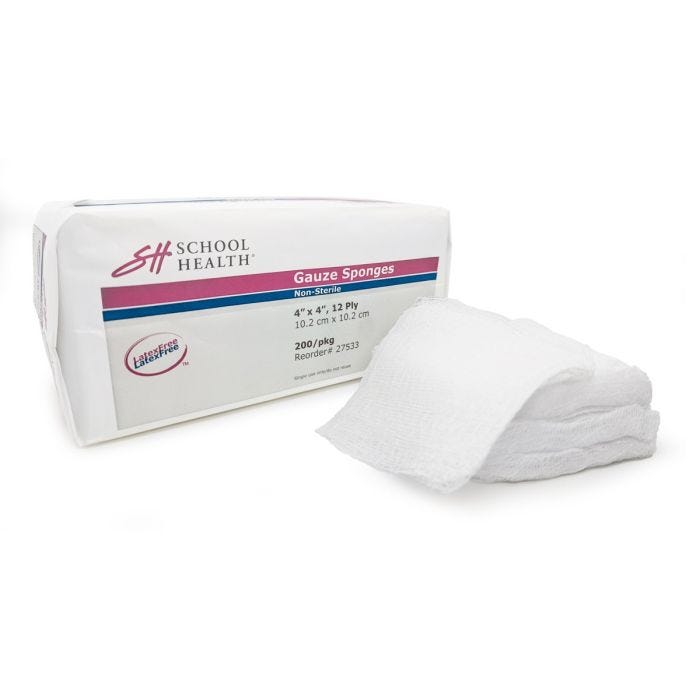 12-ply, 4" x 4" Gauze Sponges, 200 per package. School Health white, paper packaging with magenta and blue stripes. Stack of white, 4" gauze sponges in front of package. 12-ply, 4" x 4" Gauze Sponges, 200 per package. School Health white, paper packaging with magenta and blue stripes. Stack of white, 4" gauze sponges in front of package.