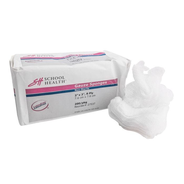 8-ply, 3" x 3" Gauze Sponges, 200 per package. School Health white, paper packaging with magenta and blue stripes. Stack of white, 3" gauze sponges in front of package. 8-ply, 3" x 3" Gauze Sponges, 200 per package. School Health white, paper packaging with magenta and blue stripes. Stack of white, 3" gauze sponges in front of package.