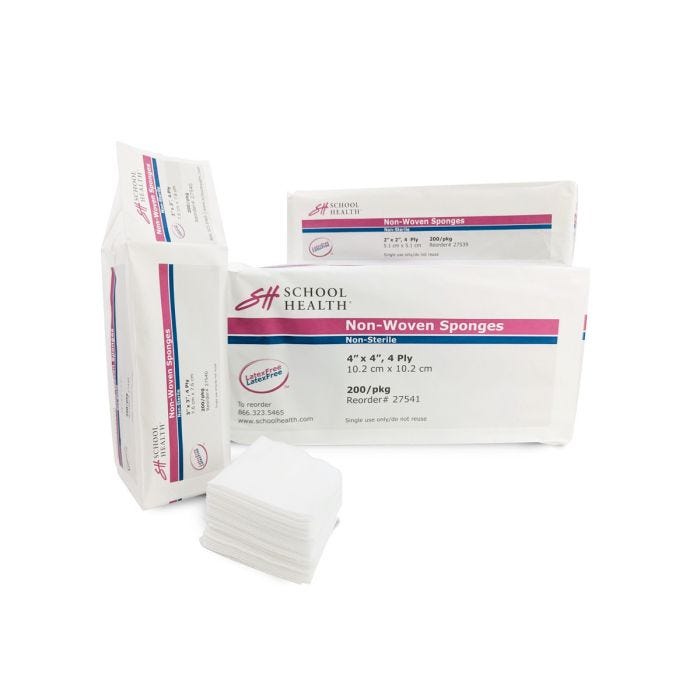 Variety of School Health Non-Sterile, Non-Woven Sponges. Open package in front with a stack of 3" x 3" non-woven sponges. Variety of School Health Non-Sterile, Non-Woven Sponges. Open package in front with a stack of 3" x 3" non-woven sponges.