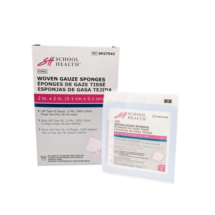 White box of School Health Woven Gauze Sponges, 2 x 2 inches and a sample sterile sponge. White box of School Health Woven Gauze Sponges, 2 x 2 inches and a sample sterile sponge.