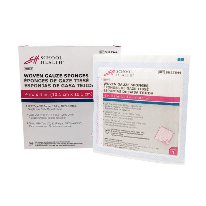 White box of School Health Woven Gauze Sponges, 4 x 4 inches and a sample sterile sponge. White box of School Health Woven Gauze Sponges, 4 x 4 inches and a sample sterile sponge.