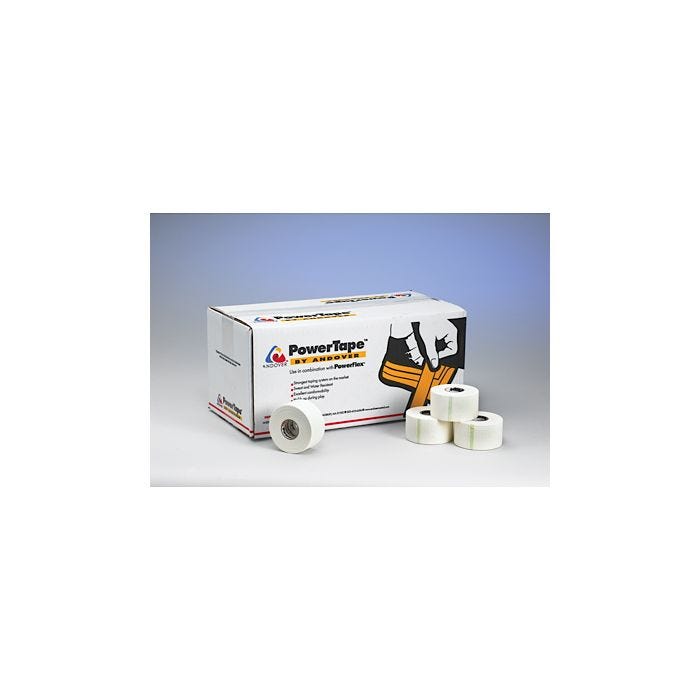 Front view of 1-1/2" x 15 yd rolls of White Andover PowerTape in front of the box with 32 rolls per case