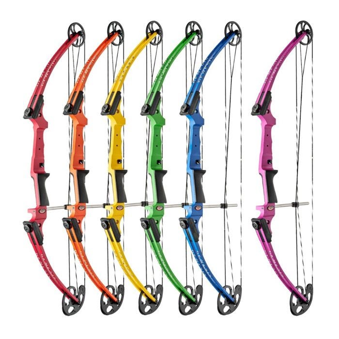 A set of six compound bows–red, orange, yellow, green, blue, and purple with black accents, dual-cam system, precision-cut aluminum riser, ergonomic grip and composite limbs. A set of six compound bows–red, orange, yellow, green, blue, and purple with black accents, dual-cam system, precision-cut aluminum riser, ergonomic grip and composite limbs.