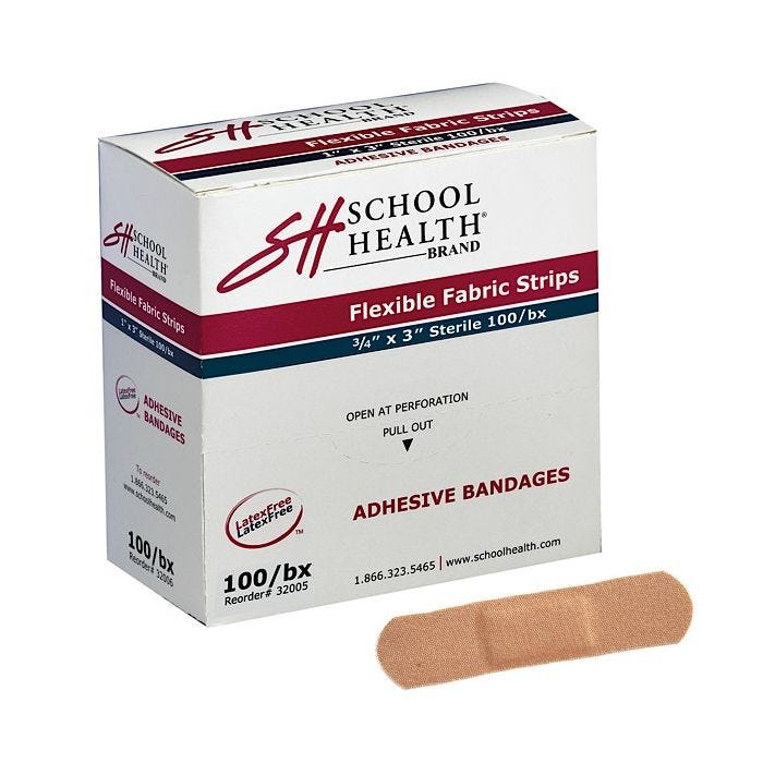 Front view of box of 100 School Health 3/4" x 3" Flexible Fabric Adhesive Bandages
Front view of box of 100 School Health 3/4" x 3" Flexible Fabric Adhesive Bandages