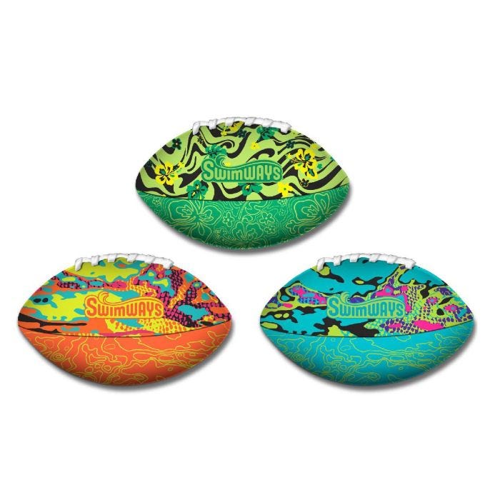 Three colorful SwimWays footballs with tropical and camouflage-inspired patterns in green, orange, and blue. Three colorful SwimWays footballs with tropical and camouflage-inspired patterns in green, orange, and blue.