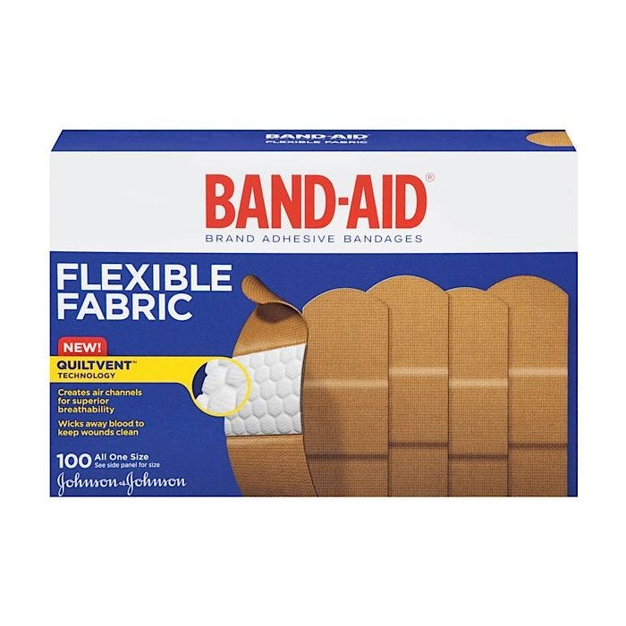 Front view of box of 100 Flexible Fabric, 1" x 3" Johnson and Johnson BAND-AID Quiltvent Technology Strips Front view of box of 100 Flexible Fabric, 1" x 3" Johnson and Johnson BAND-AID Quiltvent Technology Strips