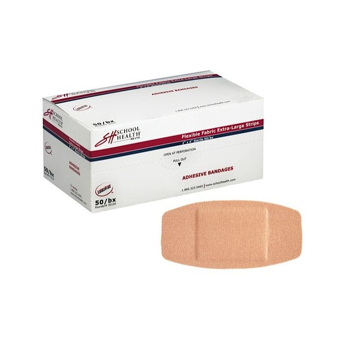 School Health Adhesive Bandages, Extra-Large Flexible Fabric, 2" X 4" 50/Box
School Health Adhesive Bandages, Extra-Large Flexible Fabric, 2" X 4" 50/Box