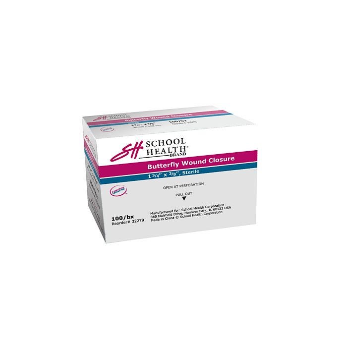 School Health Adhesive Bandages, Medium Butterfly, 1-3/4" x 3/8" 100/Box School Health Adhesive Bandages, Medium Butterfly, 1-3/4" x 3/8" 100/Box