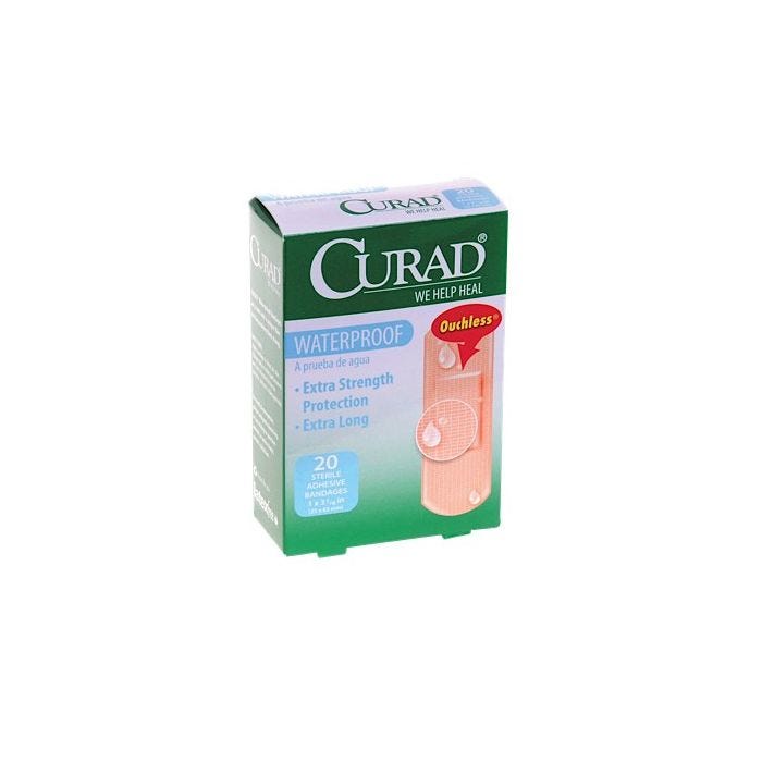 Front view of box of 20 Curad Waterproof Plastic Bandages Front view of box of 20 Curad Waterproof Plastic Bandages