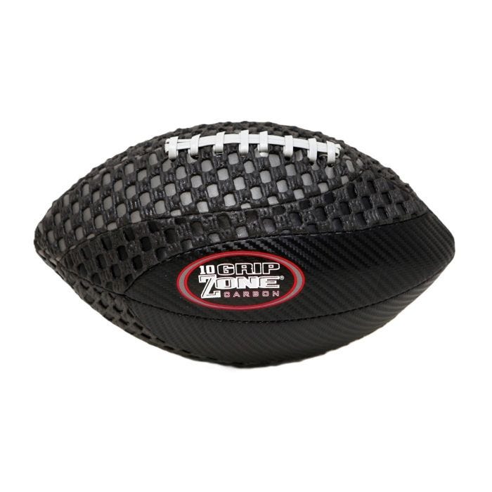 A black football with a textured grip surface and a carbon fiber-style lower half. The football features a white lacing system and a red oval logo reading "10 Grip Zone Carbon." A black football with a textured grip surface and a carbon fiber-style lower half. The football features a white lacing system and a red oval logo reading "10 Grip Zone Carbon."