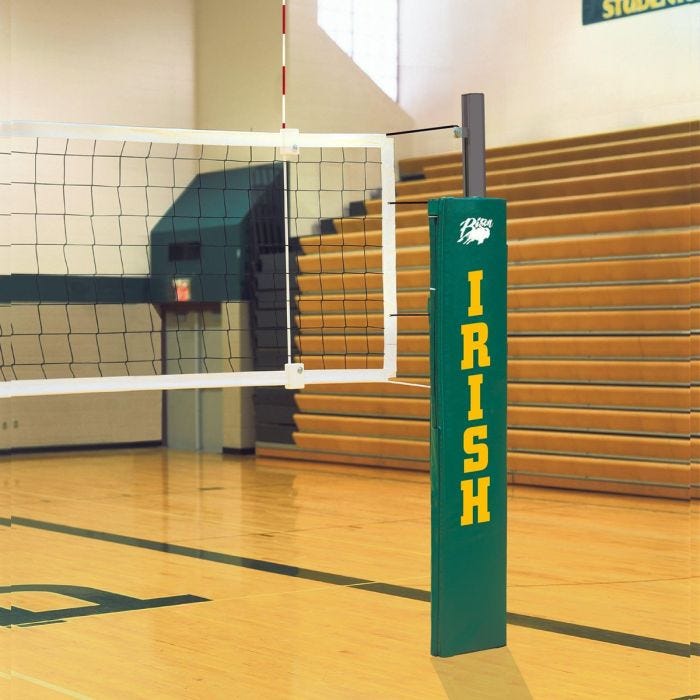 Aluminum volleyball net system shown with green padding with a school logo at the top and IRISH written vertically. Aluminum volleyball net system shown with green padding with a school logo at the top and IRISH written vertically.