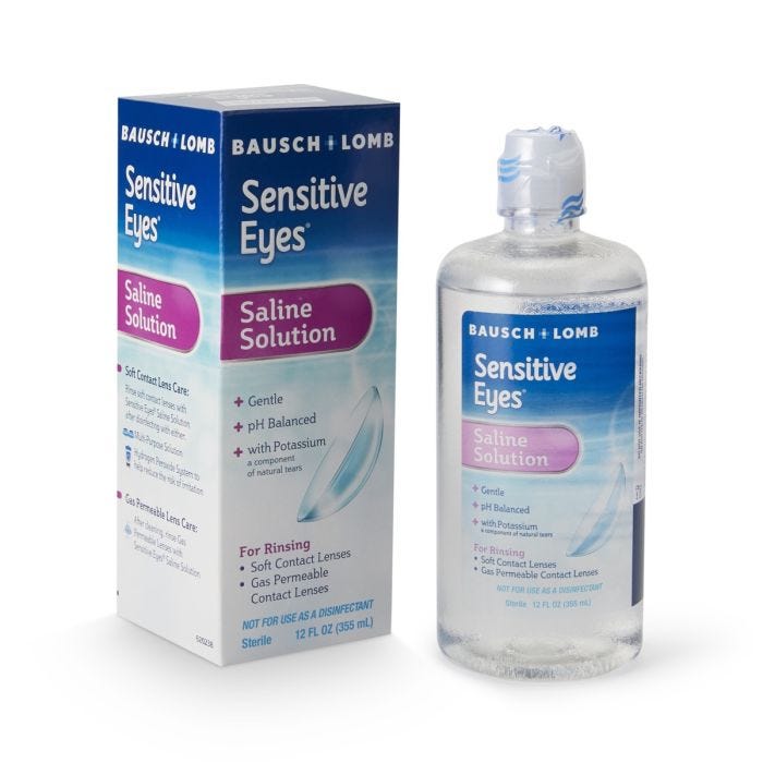 Full product shot of a box and bottle of Bausch & Lomb Sensitive Eyes Saline Solution Full product shot of a box and bottle of Bausch & Lomb Sensitive Eyes Saline Solution
