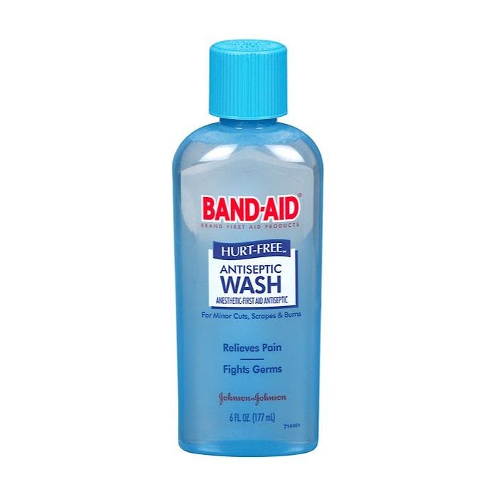 Front view of 6 oz. bottle of BAND-AID Hurt-Free Antiseptic Wash Front view of 6 oz. bottle of BAND-AID Hurt-Free Antiseptic Wash