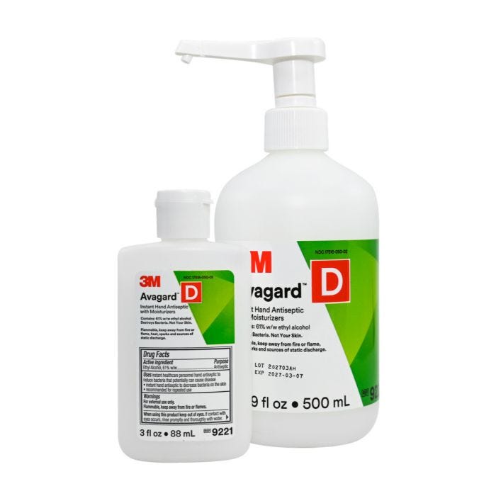 3M Avagard D Hand Antiseptic with Moisturizers. Contains 61% w/w ethyl alcohol. Destroys bacteria, not your skin. 3M Avagard D Hand Antiseptic with Moisturizers. Contains 61% w/w ethyl alcohol. Destroys bacteria, not your skin.