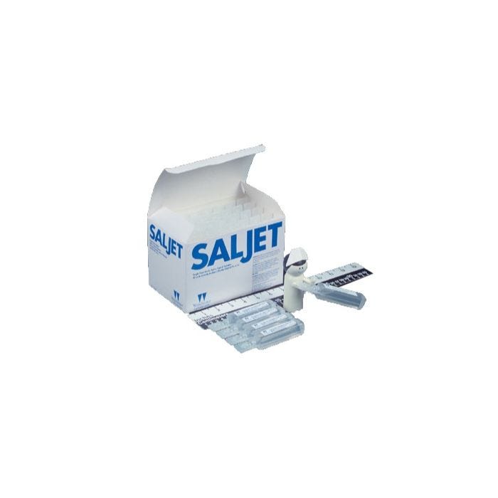 Front view of box of 40 SalJet 1 oz. Single-use Saline Front view of box of 40 SalJet 1 oz. Single-use Saline