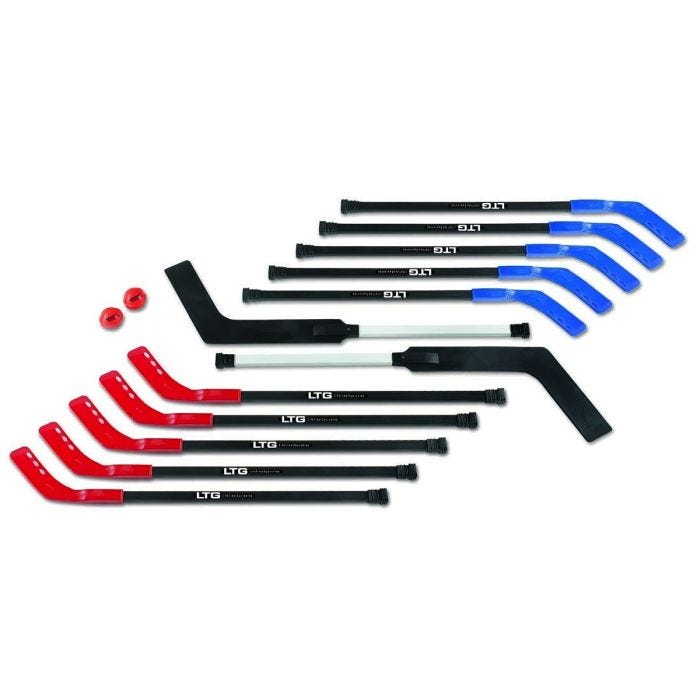 A set of hockey sticks with black shafts, featuring red and blue blade options. Two goalie sticks and two orange balls. The sticks are labeled "LTG." A set of hockey sticks with black shafts, featuring red and blue blade options. Two goalie sticks and two orange balls. The sticks are labeled "LTG."