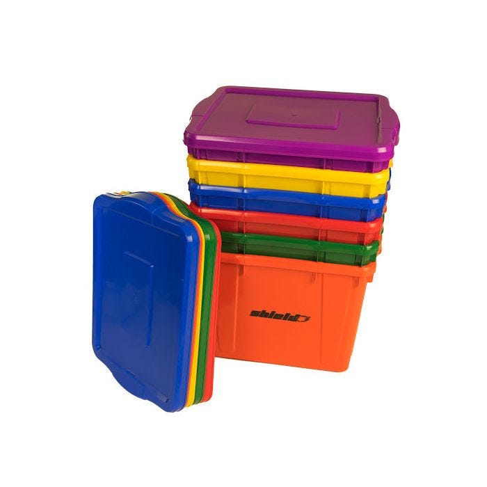 Stack of six colorful Shield-branded storage bins with lids; shown in purple; yellow; blue; red; green; and orange. Stack of six colorful Shield-branded storage bins with lids; shown in purple; yellow; blue; red; green; and orange.