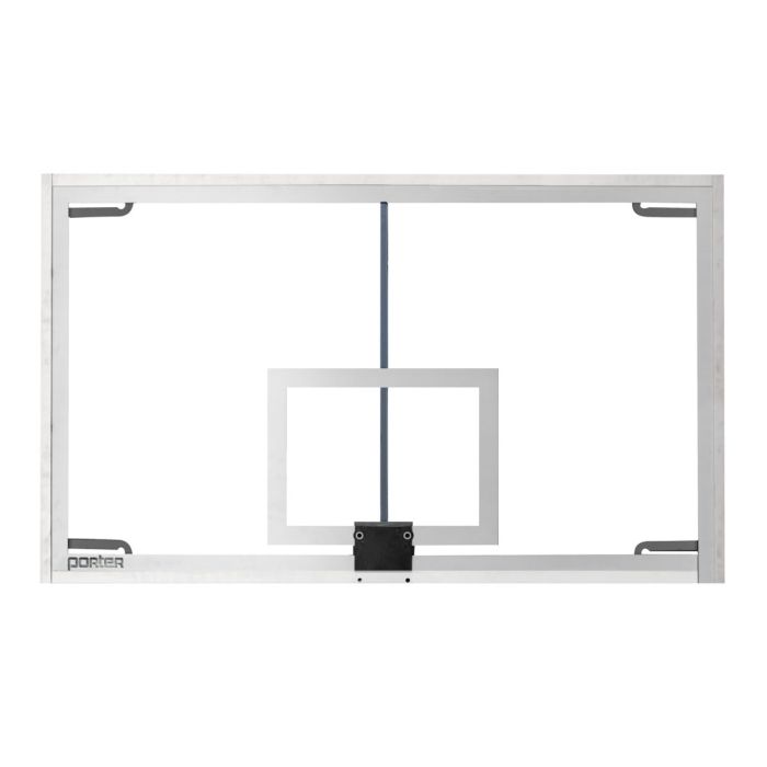 Clear rectangular basketball backboard with a white target box and support structure, featuring a metal frame labeled "Porter" in the lower left corner. Clear rectangular basketball backboard with a white target box and support structure, featuring a metal frame labeled "Porter" in the lower left corner.