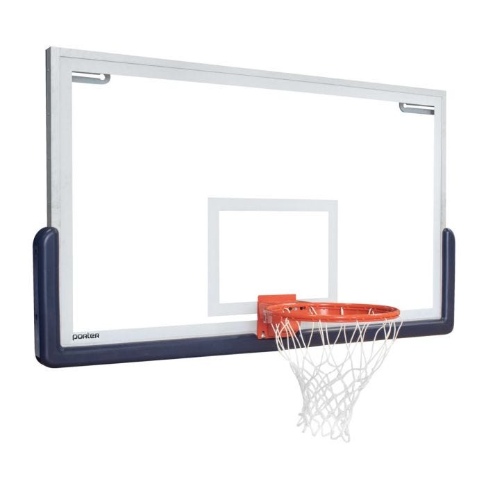 Angled view of a glass basketball backboard with blue safety padding and an attached orange rim and white net. Angled view of a glass basketball backboard with blue safety padding and an attached orange rim and white net.