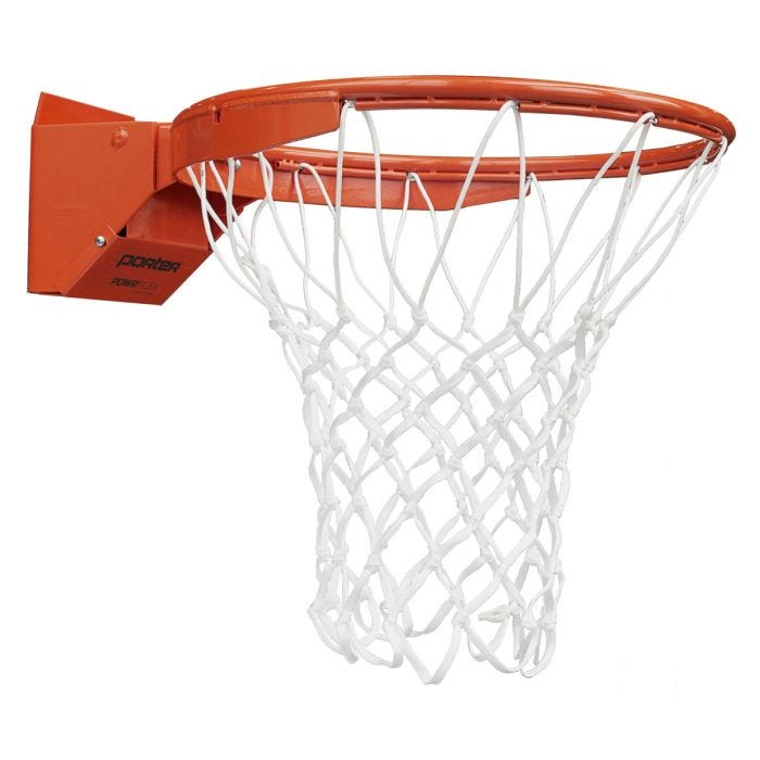 Side view of a mounted orange basketball rim with a white net, Side view of a mounted orange basketball rim with a white net,