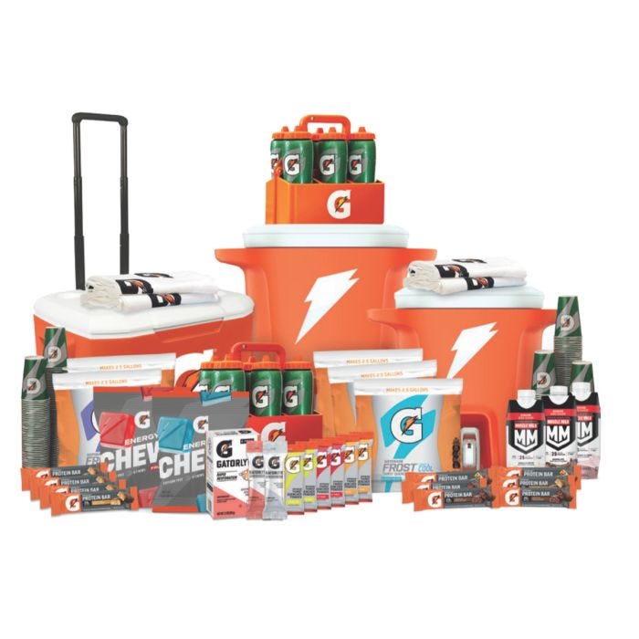 Gatorade Sideline Essentials with powder, chews, protein bars, and choice of cooler, towels, bottles, or cups. Gatorade Sideline Essentials with powder, chews, protein bars, and choice of cooler, towels, bottles, or cups.