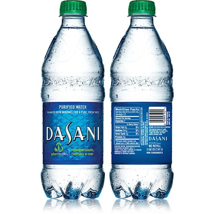 front and back view of dasani purified water. enhanced with minerals for a pure fresh taste. redesigned plastic, recyclable as ever; zero calories; 20oz. 24 per case. front and back view of dasani purified water. enhanced with minerals for a pure fresh taste. redesigned plastic, recyclable as ever; zero calories; 20oz. 24 per case.